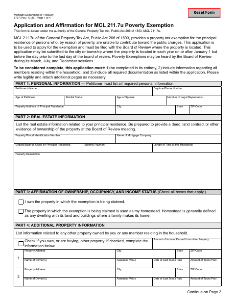 First page of the Application and Affirmation for MCL 211.7u Poverty Exemption