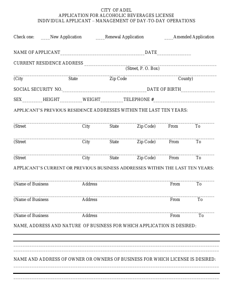 First page of the Alcoholic Beverage License Application - Individual Management