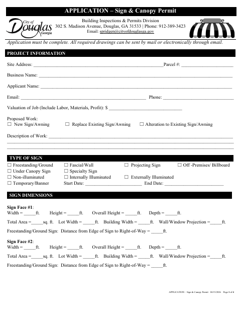 First page of the Sign & Canopy Permit Application