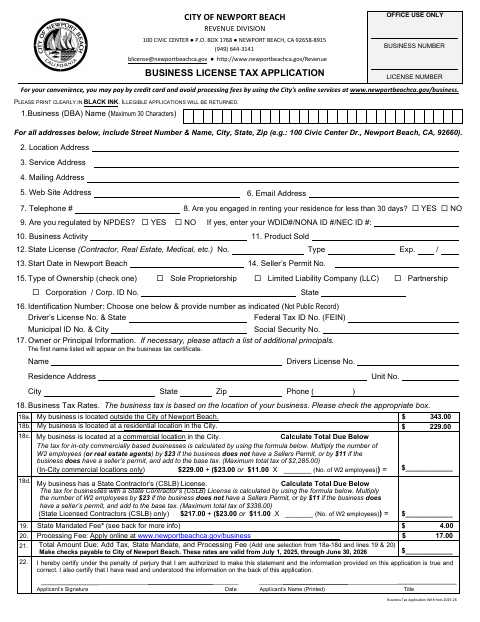 First page of the Business License Tax Application