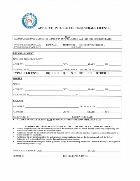First page of the Alcohol Beverage License Application