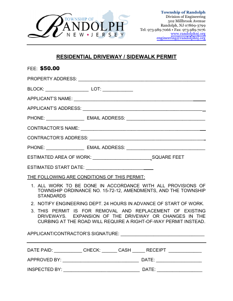 First page of the Residential Driveway/Sidewalk Permit