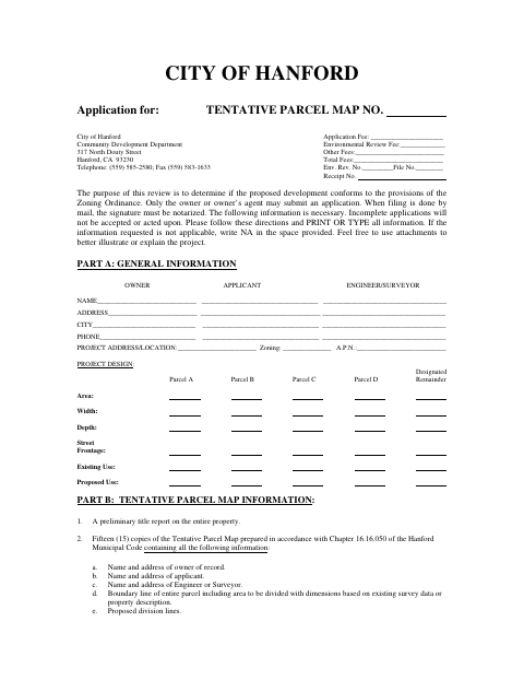 First page of the Tentative Parcel Map Application