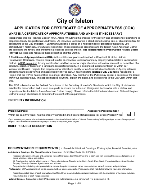 First page of the Application for Certificate of Appropriateness