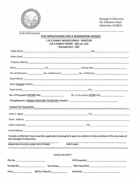 First page of the Residential Resale Certificate Of Occupancy Application