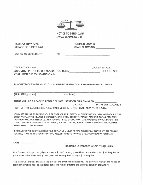 First page of the Small Claims Form