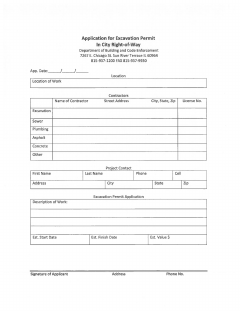 First page of the Right of Way Excavation Permit Application