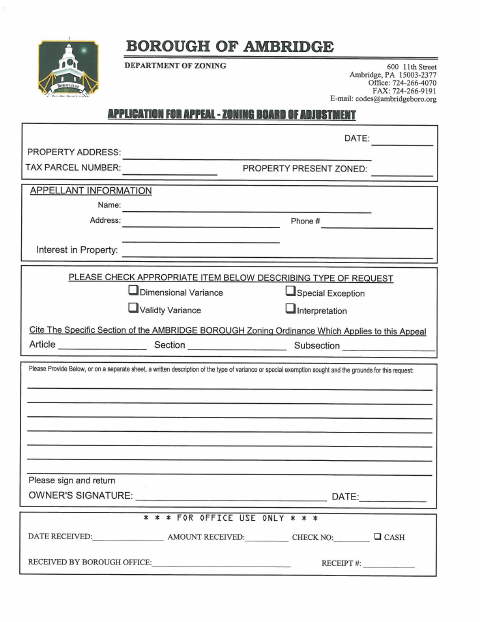 First page of the Application for Appeal – Zoning Board of Adjustment