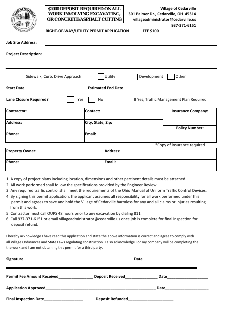 First page of the Right-of-Way / Utility Permit Application