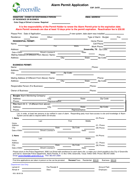 First page of the Alarm Permit Application