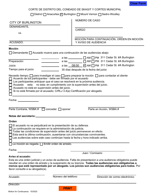 First page of the Motion for Continuance