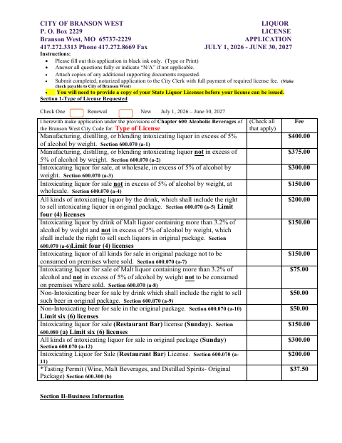 First page of the Liquor License Application