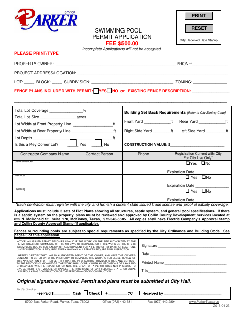 First page of the Swimming Pool Permit Application