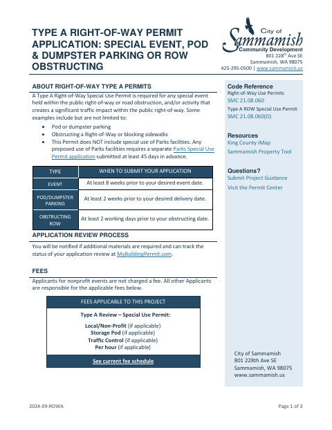 First page of the Type A Right-of-Way Application: Special Event