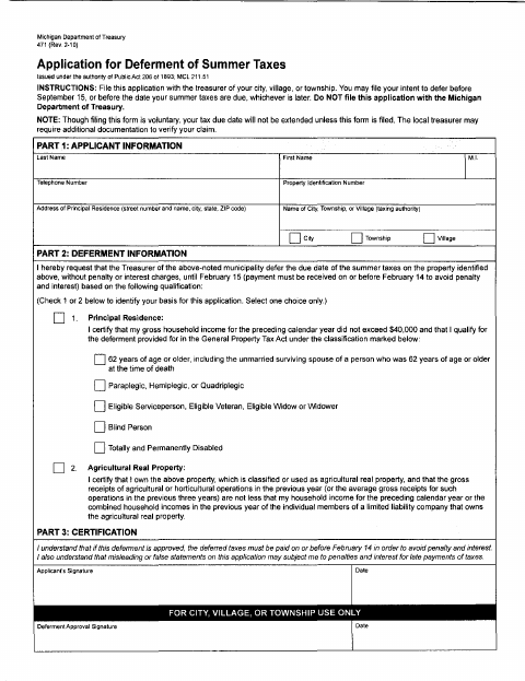 First page of the Application for Deferment of Summer Taxes