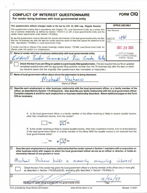 First page of the Vendor Conflict Of Interest Questionnaire For Michael Pacheco