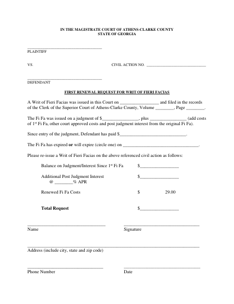 First page of the First Renewal Request for Writ of Fieri Facias