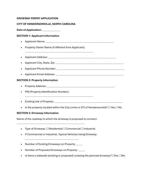 First page of the Driveway Permit Application
