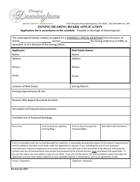 First page of the Zoning Hearing Board Application
