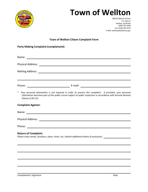 First page of the Citizen Complaint Form