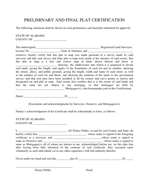 First page of the Preliminary and Final Plat Certification