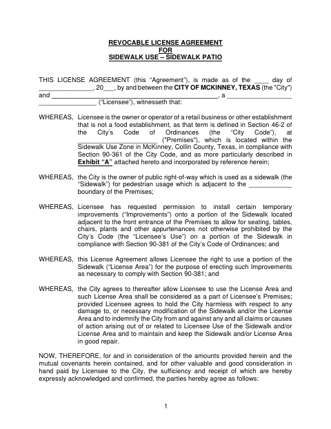 First page of the Revocable License Agreement for Sidewalk Use – Sidewalk Patio