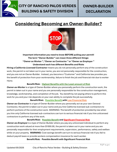First page of the Owner-Builder Declaration