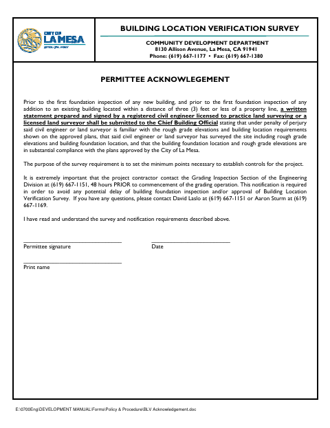 First page of the Building Location Verification Survey Acknowledgement
