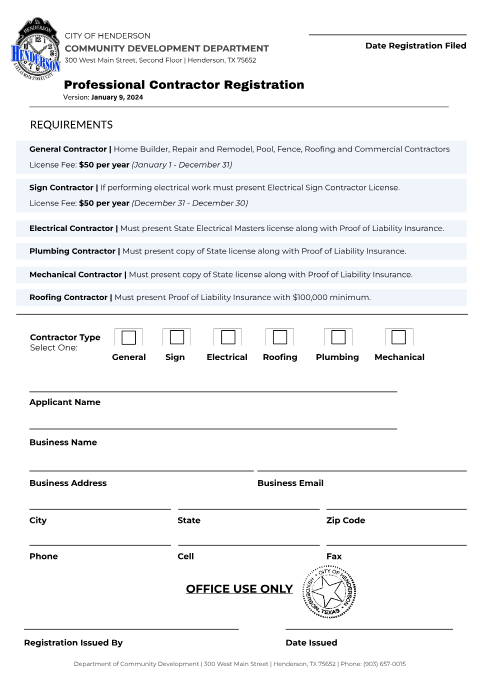 First page of the Professional Contractor Registration