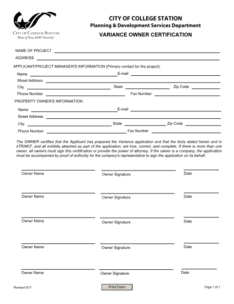 First page of the Variance Owner Certification