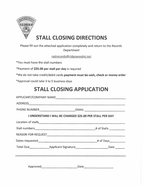 First page of the Meter / Stall Closing Application