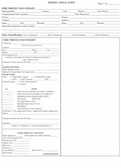 First page of the Fire Protection Permit Application