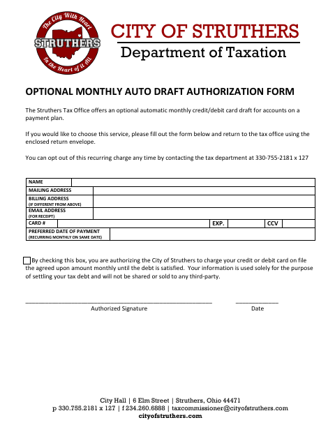 First page of the Optional Monthly Auto Draft Authorization Form
