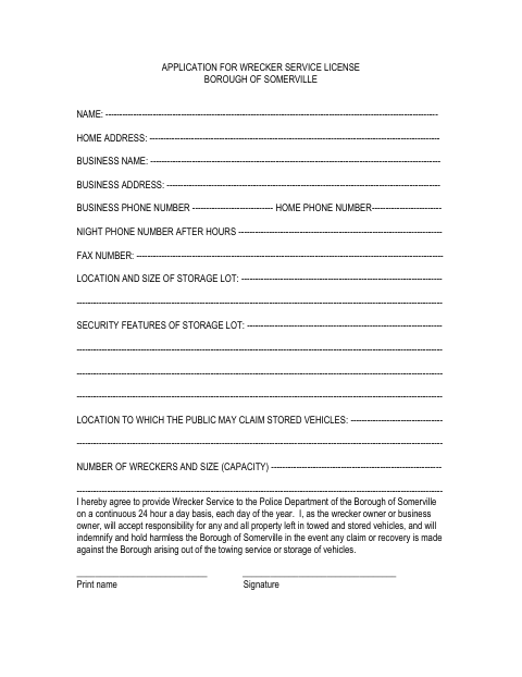 First page of the Application for Wrecker Service License