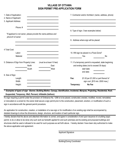 First page of the Sign Permit Pre-Application Form