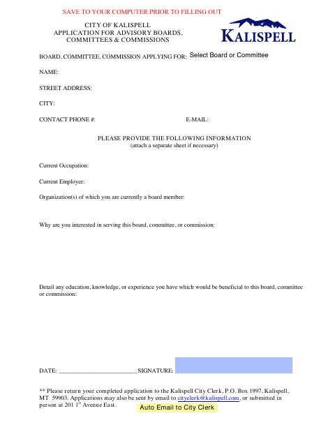 First page of the Advisory Boards, Committees and Commissions Application