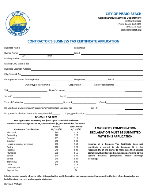 First page of the Contractor’s Business Tax Certificate Application