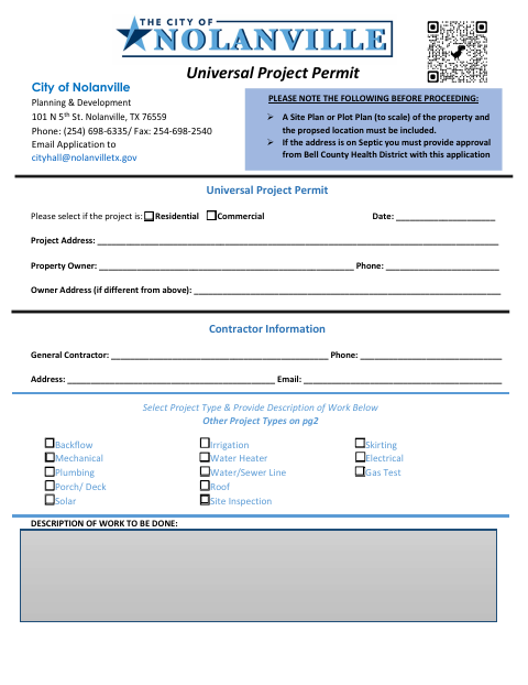 First page of the Universal Project Permit