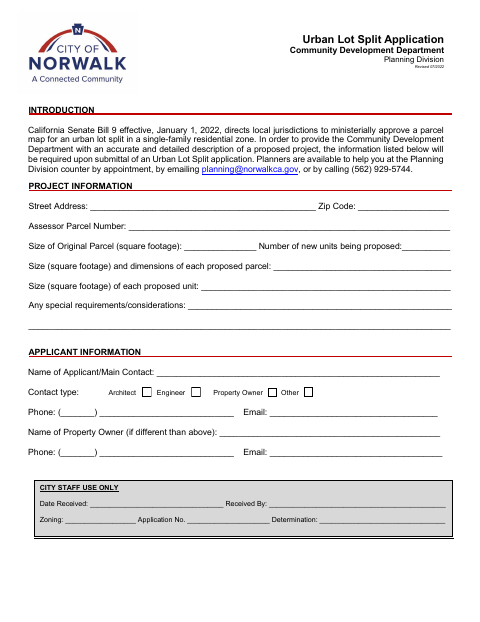 First page of the Urban Lot Split Application (SB 9)