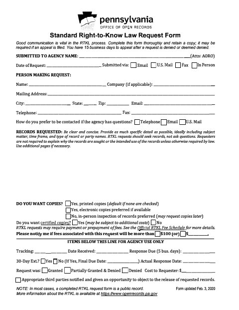 First page of the Standard Right-to-Know Law Request Form