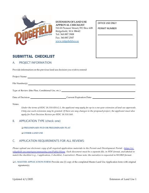 First page of the Extension of Land Use Approval Checklist