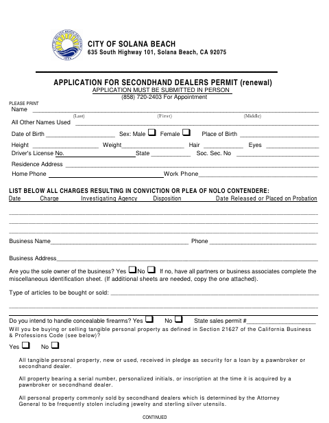 First page of the Application for Secondhand Dealers Permit (Renewal)
