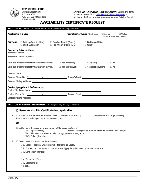 First page of the Availability Certificate Request