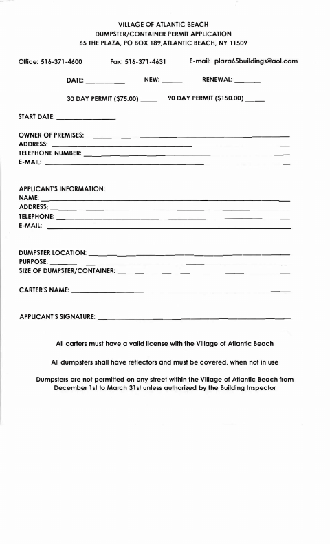 First page of the Dumpster/Container Permit Application