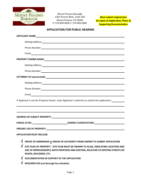 First page of the Application for Public Hearing