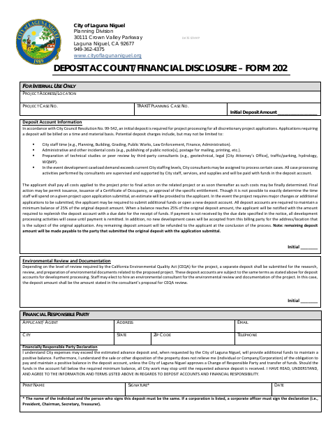 First page of the Deposit Account / Financial Disclosure – Form 202