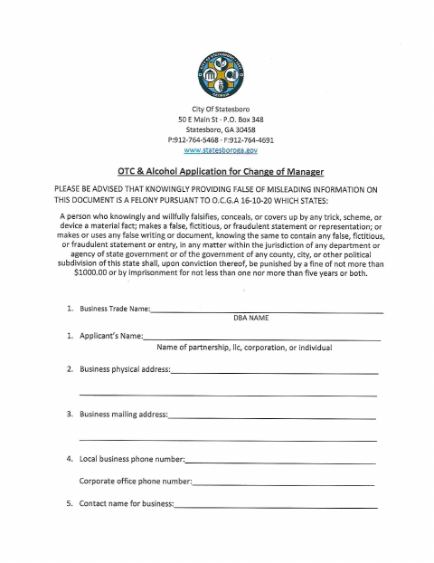 First page of the Alcohol License Change Of Manager Application