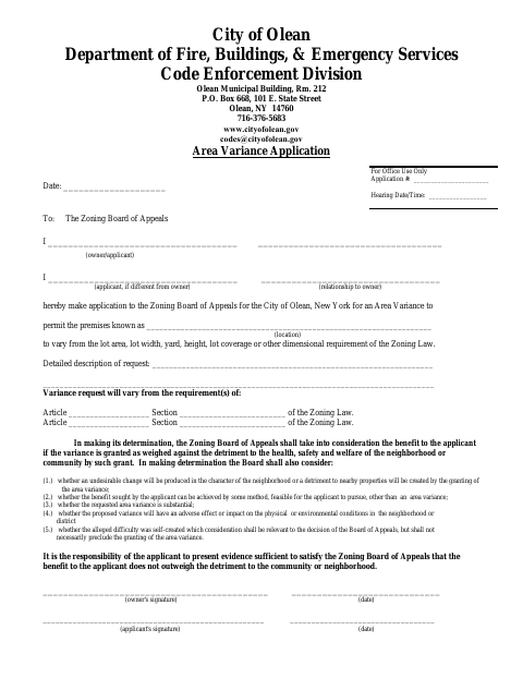 First page of the Area Variance Application