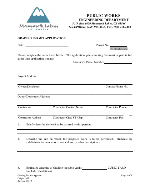 First page of the Grading Permit Application