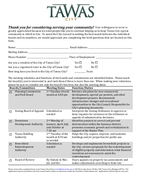 First page of the Application for Appointment to City Boards and Commissions